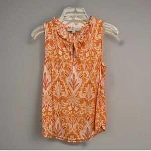 Loft Orange Paisley Ruffle Tie Neck Sleeveless Tank Top Sz Small Peasant Cottage